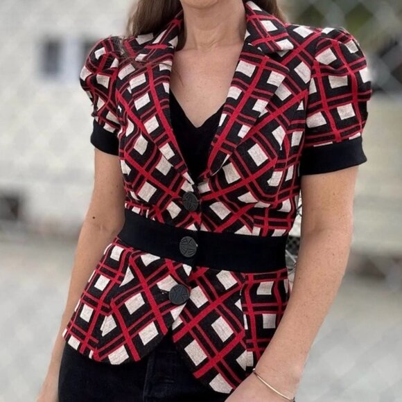 Vtg Y2K DVF Geometric Short Puff Sleeve Blazer Jacket Wool Knit Red Black Peplum - Picture 1 of 7